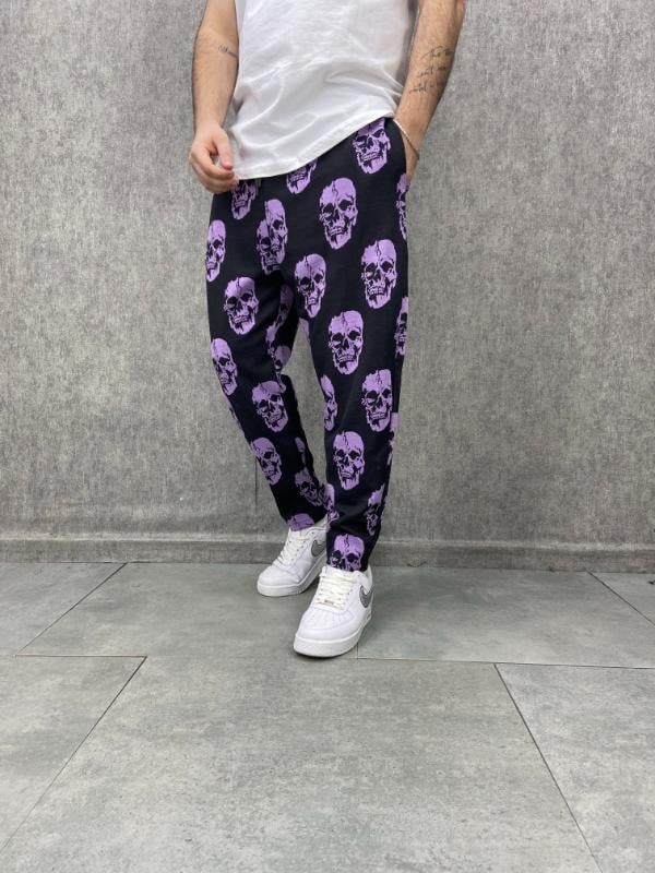 Beli Lastikli Skull Desenli  Baggy Pantolon
