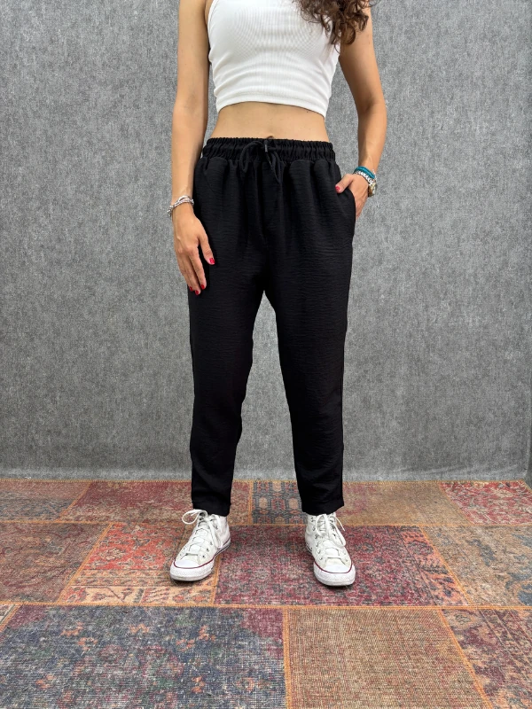 Beli Lastikli Siyah Viscon Pantolon