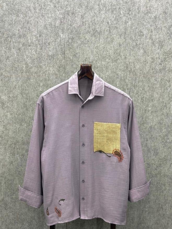 Oversize Nakış Detaylı Hasır Cepli Pamuk Keten Füme  Gömlek