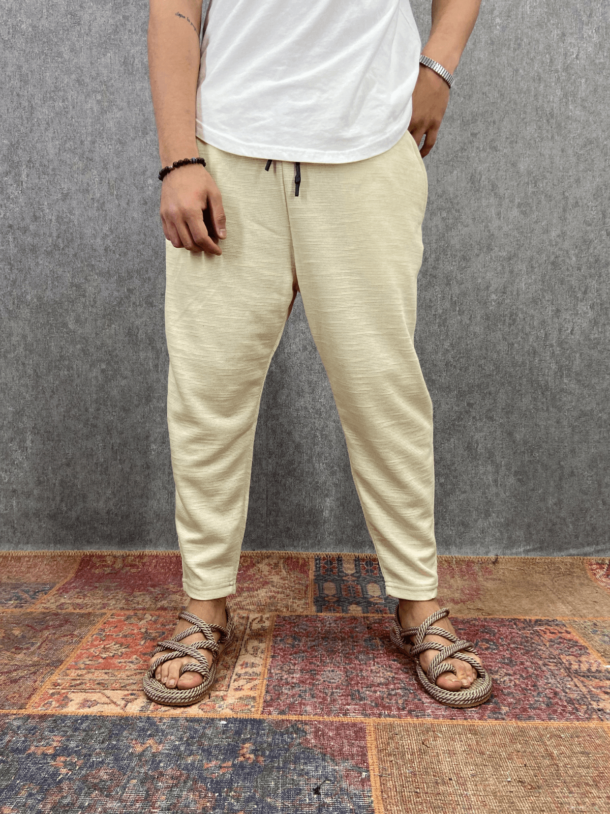 Beli Lastikli Pamuk Keten Krem Baggy Pantolon 