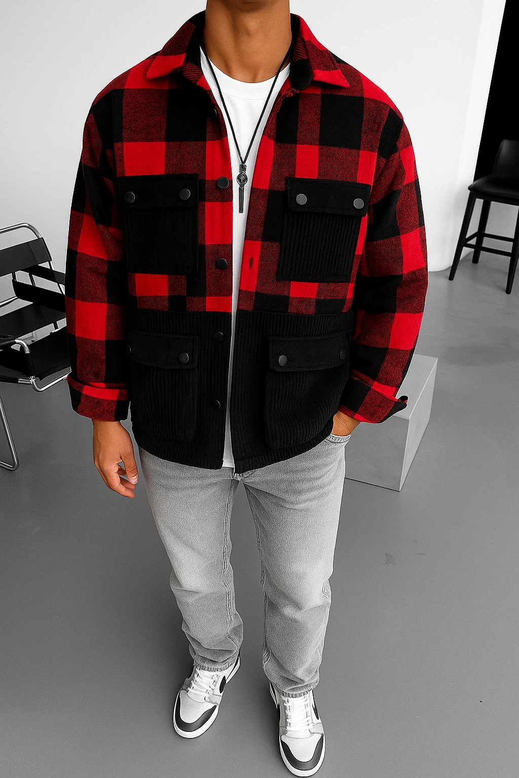 Oversize Pamuk Ekoseli Dört Cepli Gömlek 