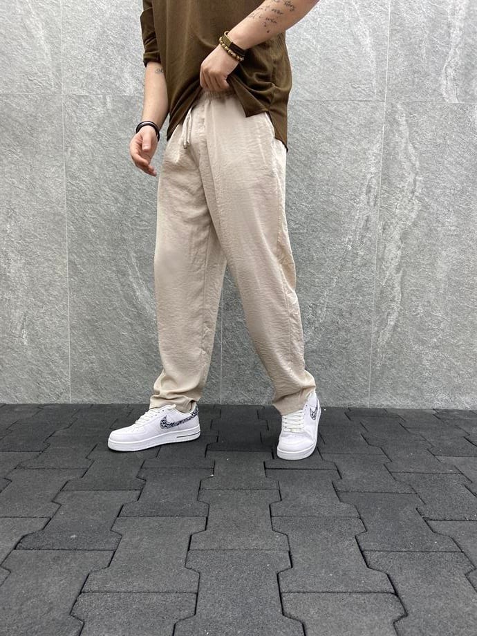 Rahat Kalıp Beli Lastikli Baggy Paraşüt Bej   Pantolon