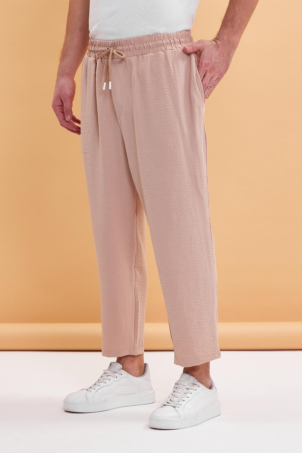 Beli Lastikli Viscon Keten  Bilek Paça  Pantolon