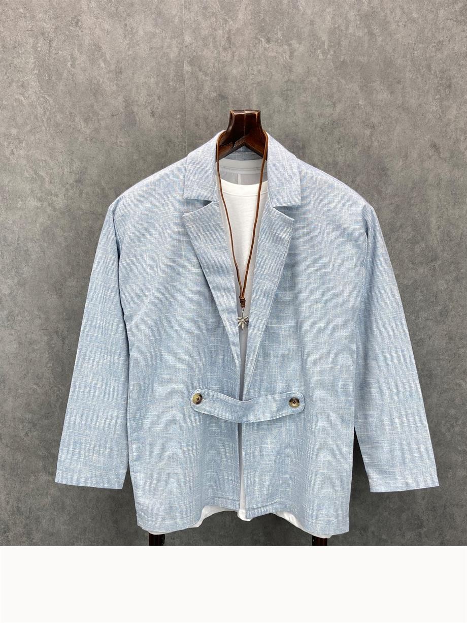 Oversize Pamuk Keten Astarsız Mavi Ceket