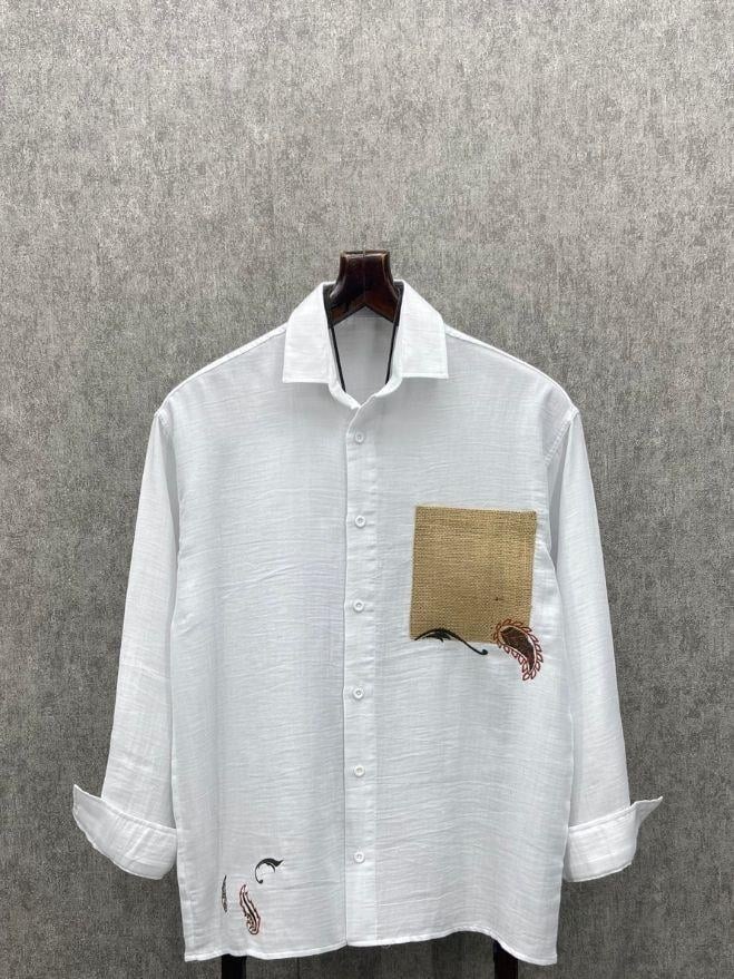 Oversize Nakış Detaylı Hasır Cepli Pamuk Keten Beyaz  Gömlek