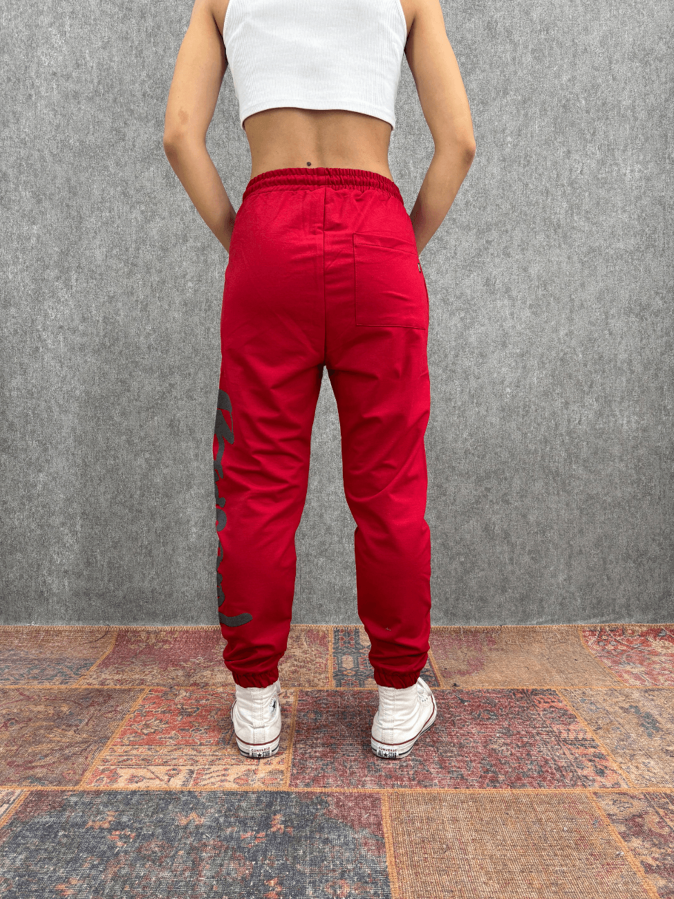 Bel ve Paça Lastikli Baskılı Kırmızı Jogger 