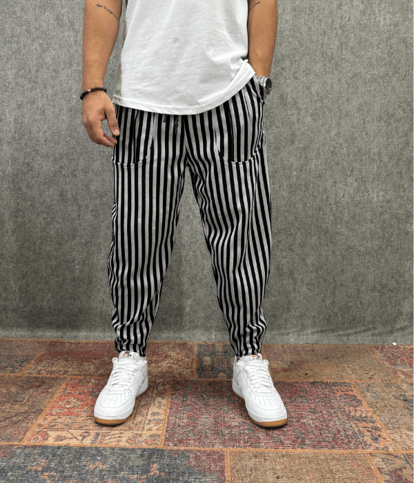 Beli Lastikli Kaşe Cep Nervür Detaylı Desenli Baggy Pantolon
