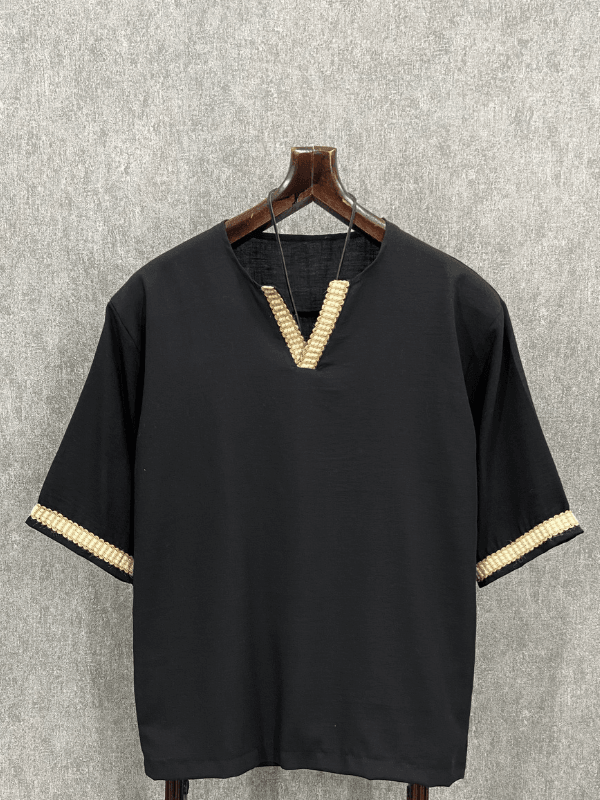 Oversize Hasır Şeritli Bohem Siyah Pamuklu Tshirt 