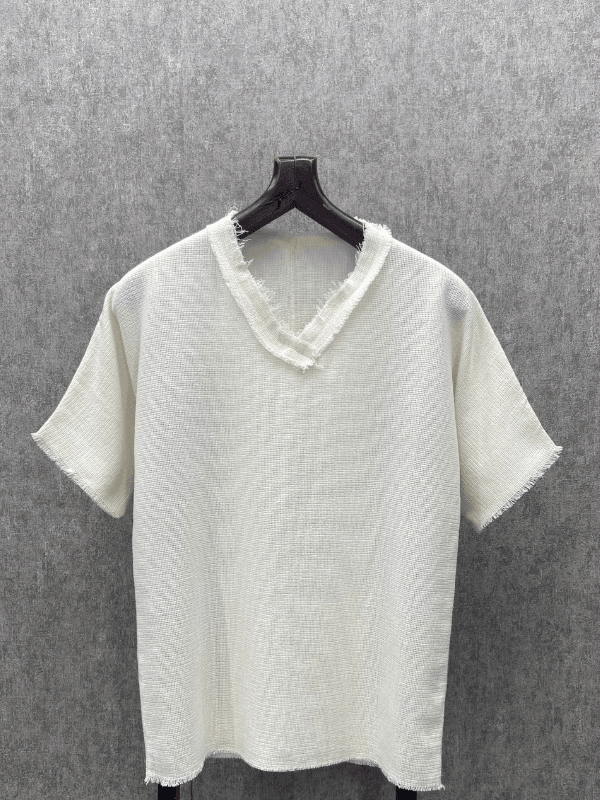 Oversize Bohem Pis Uç Yaka Yıkamalı Krem Pamuk Keten T-Shirt