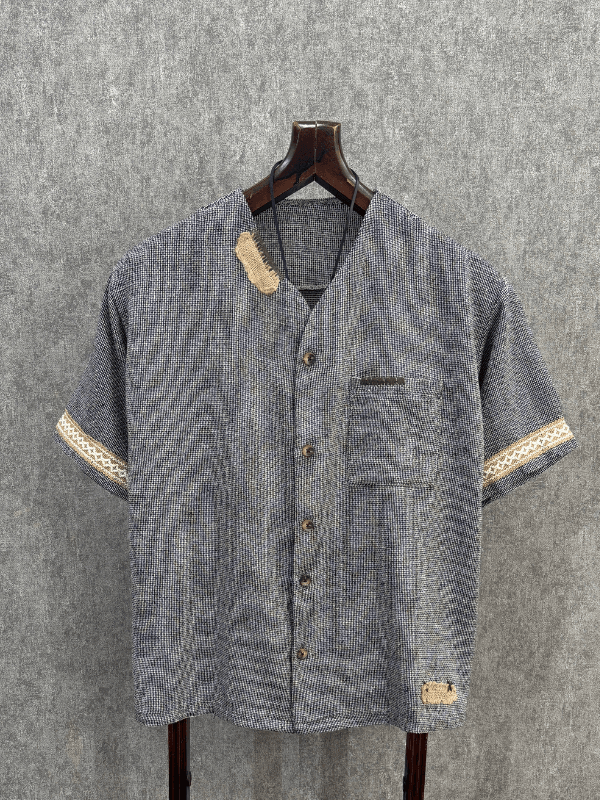 Oversize Hasır İşlemeli Pamuk Keten Füme  Gömlek