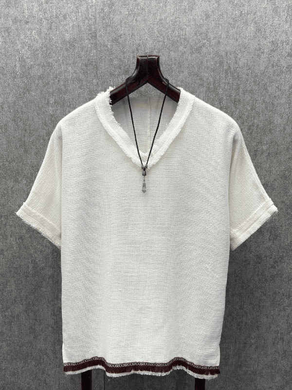 Oversize Pamuk Keten Bohem Beyaz Tshirt