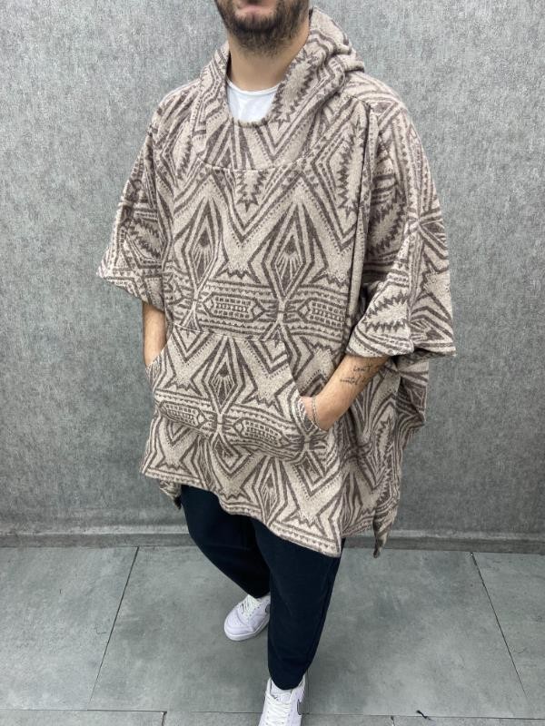 Oversize Kapüşonlu Kanguru Cepli Pamuklu Etnik Panço