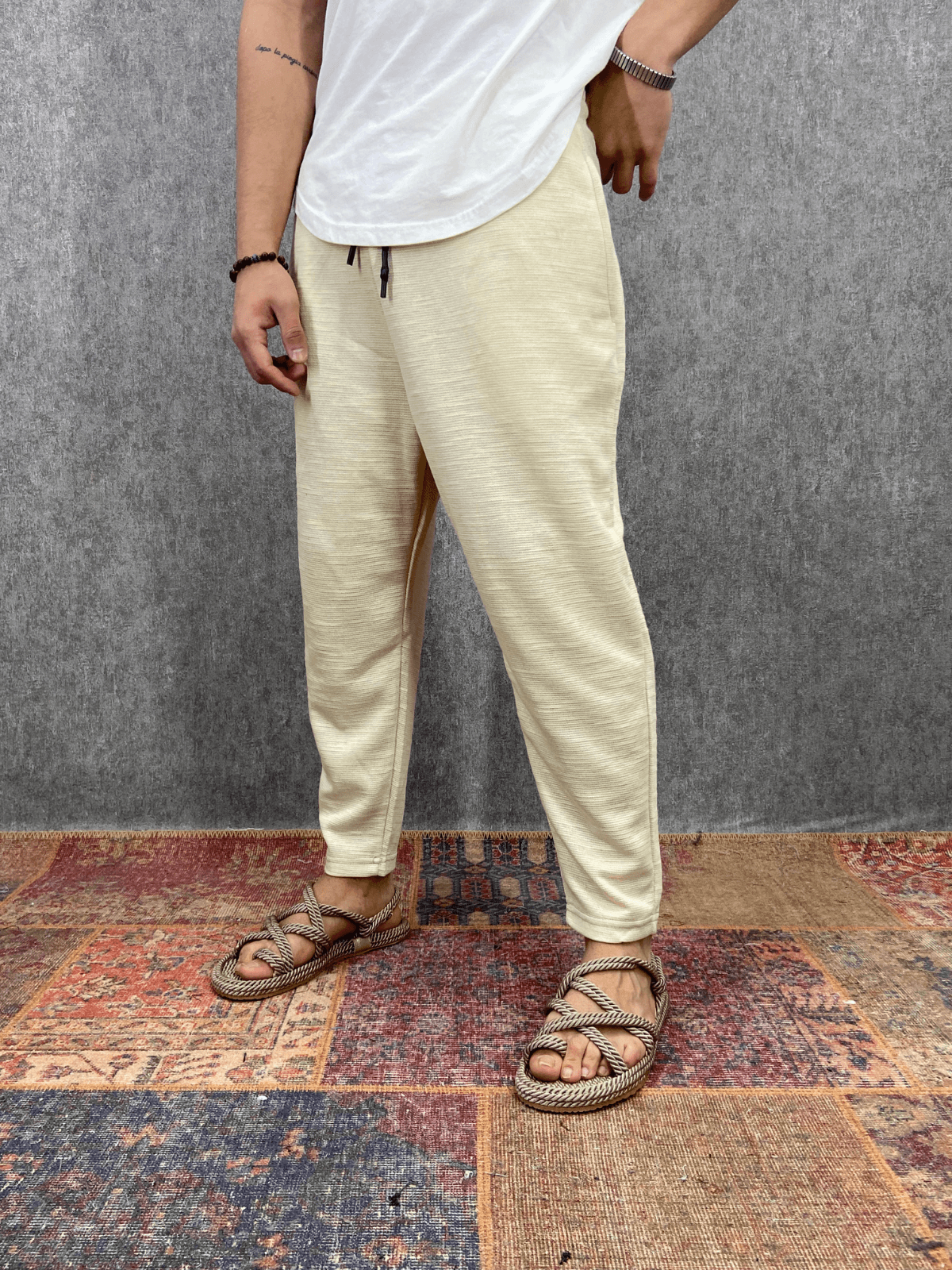 Beli Lastikli Pamuk Keten Krem Baggy Pantolon 