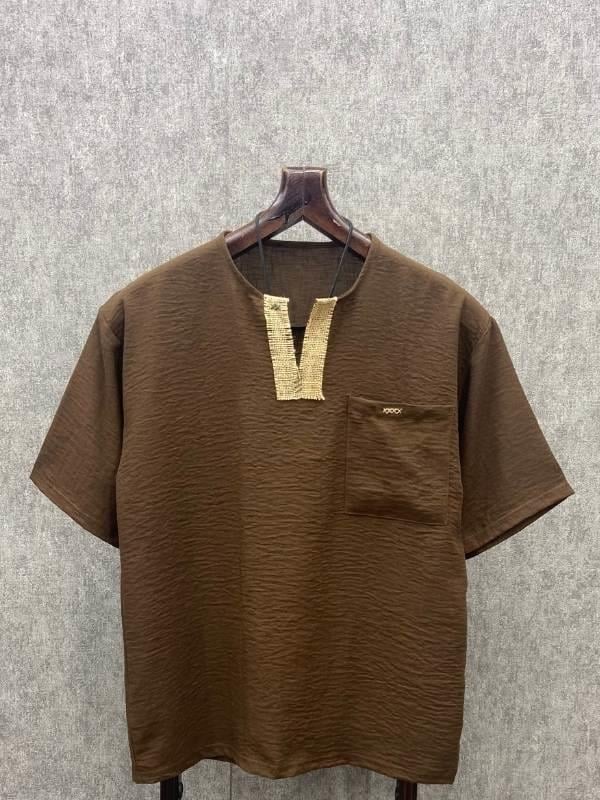 Oversize El İşi Detaylı Bohem Kahverengi Tshirt