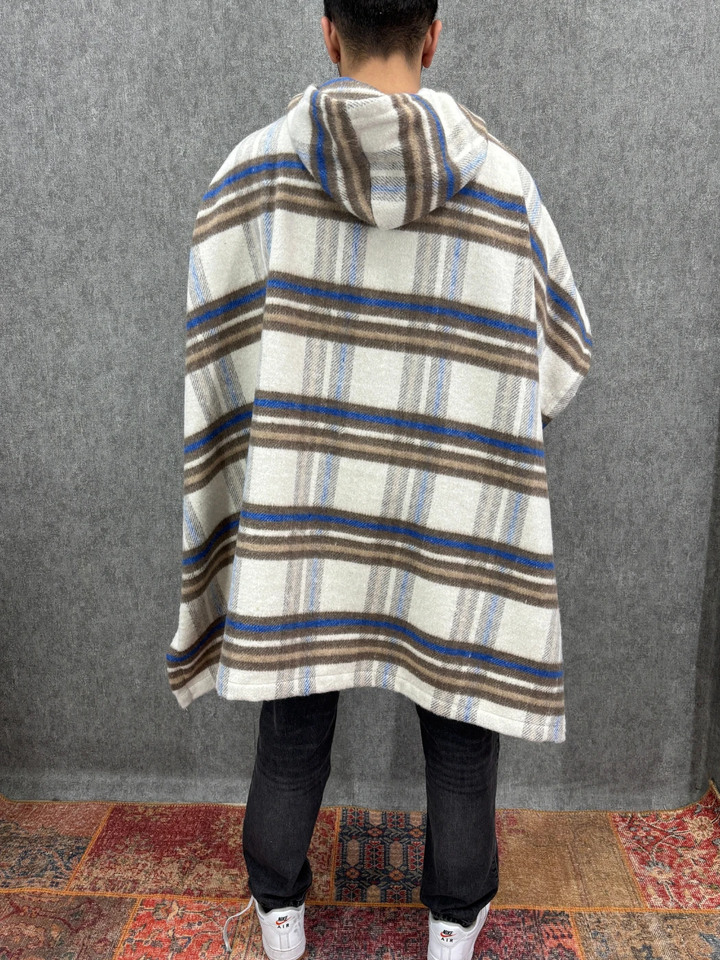 Oversize Kapüşonlu Desenli  Panço