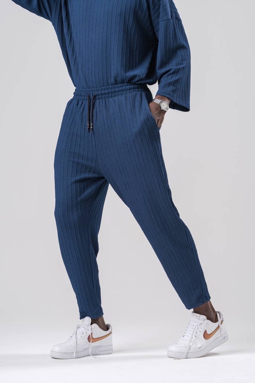 Beli Lastikli Dokulu Bürümcük Kumaş Lacivert Baggy  Pantolon