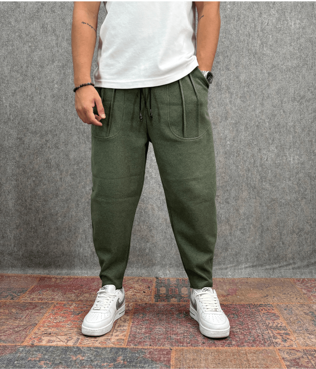  Beli Lastikli Kaşe Cep Nervür Detaylı Haki Baggy Pantolon
