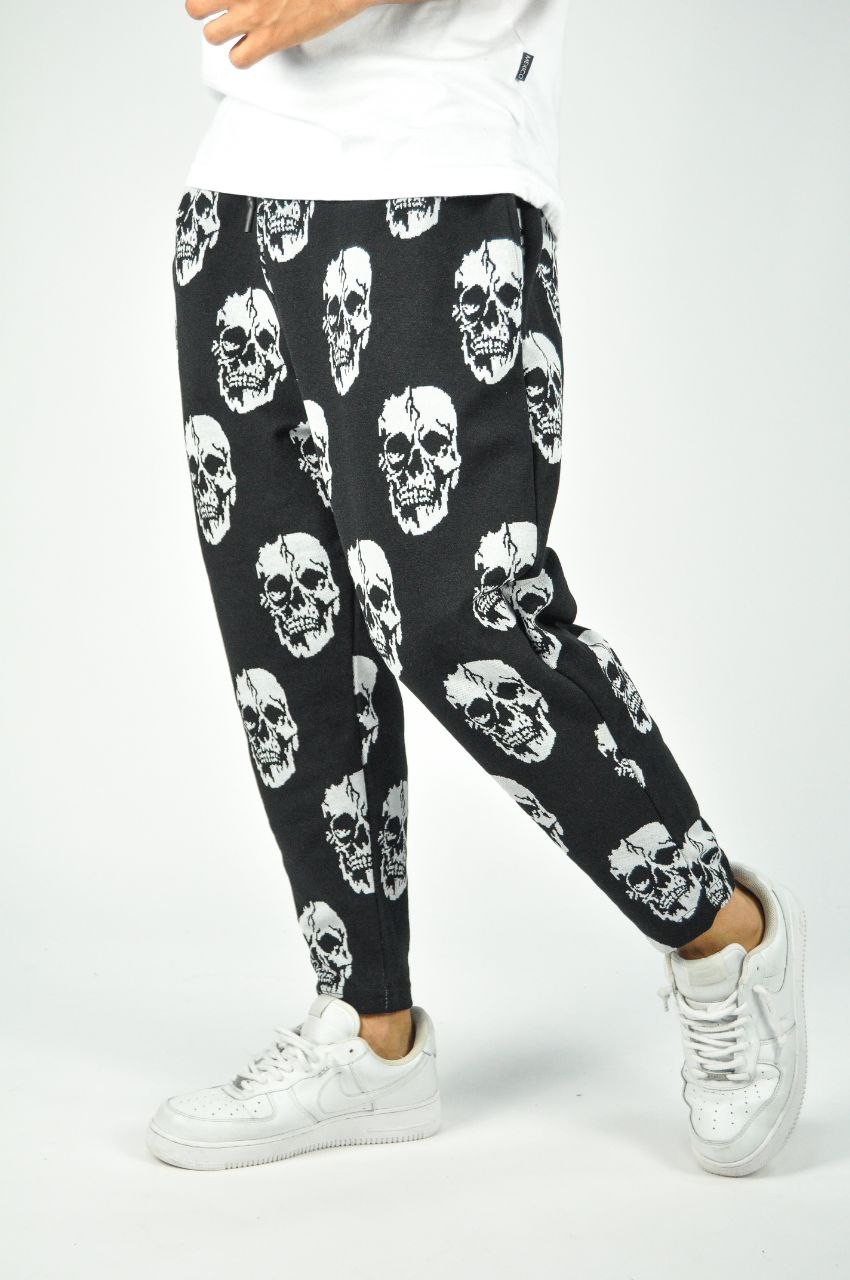 Beli Lastikli Skull Desenli Baggy Pantolon