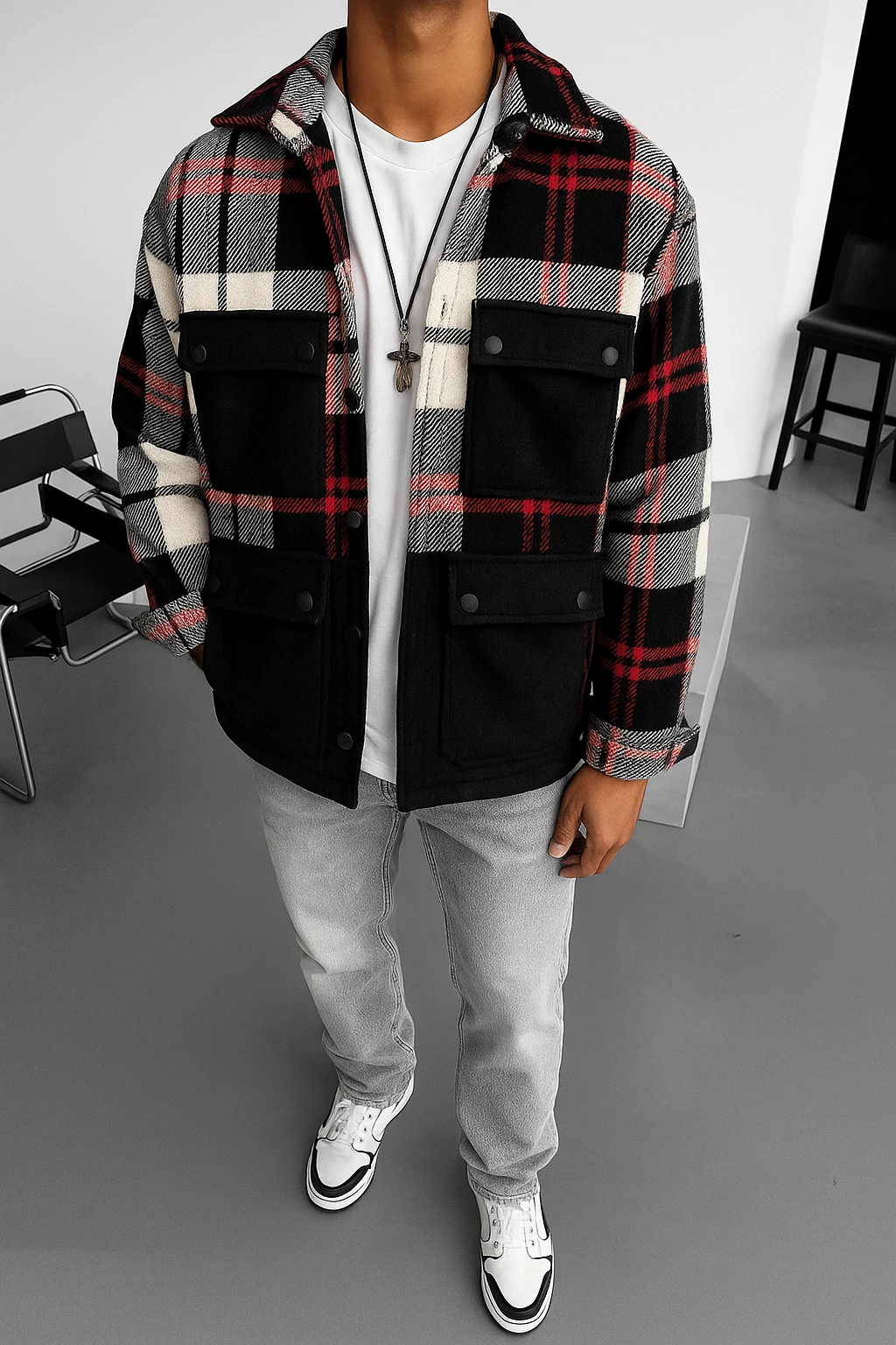 Oversize Pamuk Ekoseli Dört Cepli Gömlek 