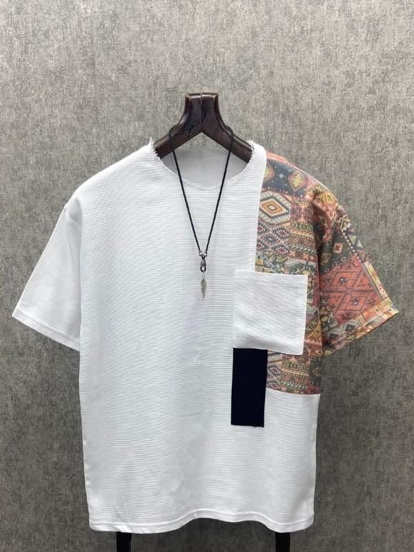 Oversize Bohem  Pis Uç Yaka Beyaz Pamuk Keten Tshirt