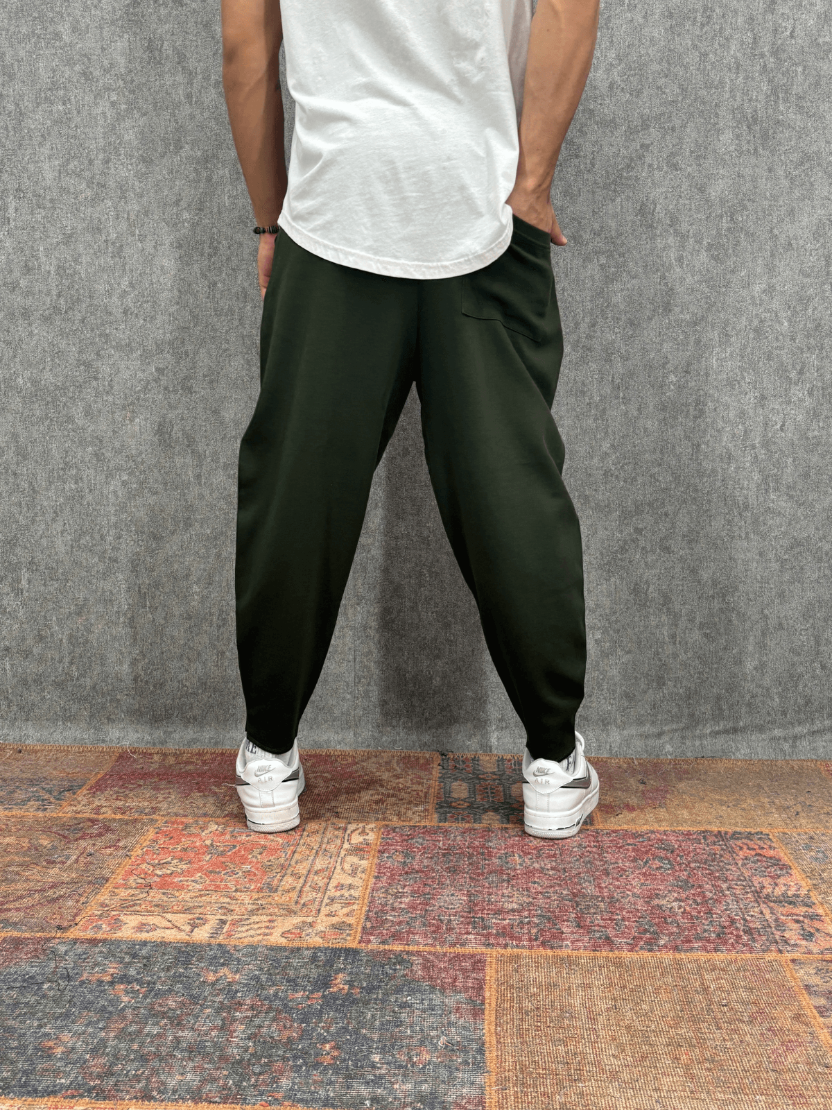 Beli Lastikli Cep Nervür Detaylı Koyu Haki Baggy Pantolon