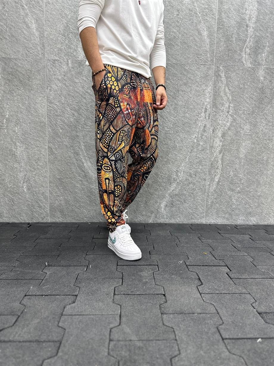 Beli Lastikli Aztek Desenli  Baggy Pantolon