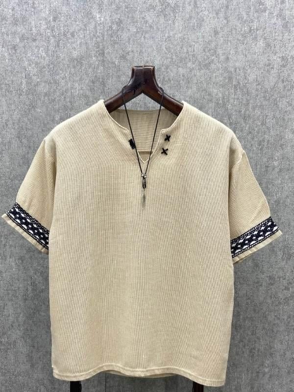 Oversize El İşi Detaylı Pamuk Keten Açık Bej  Tshirt