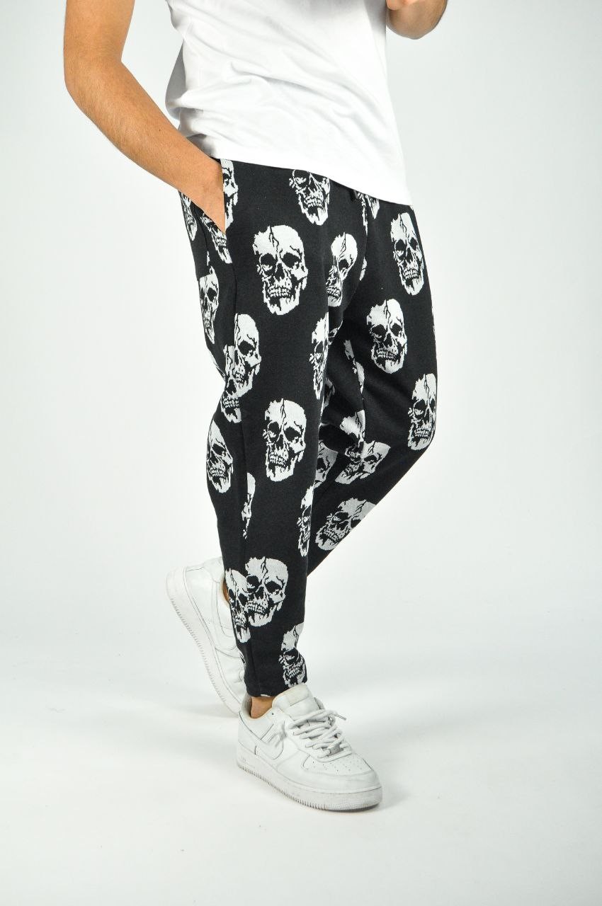 Beli Lastikli Skull Desenli Baggy Pantolon