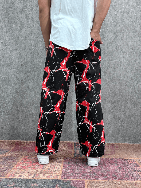 Beli Lastikli Boru Paça Desenli Baggy Pantolon 