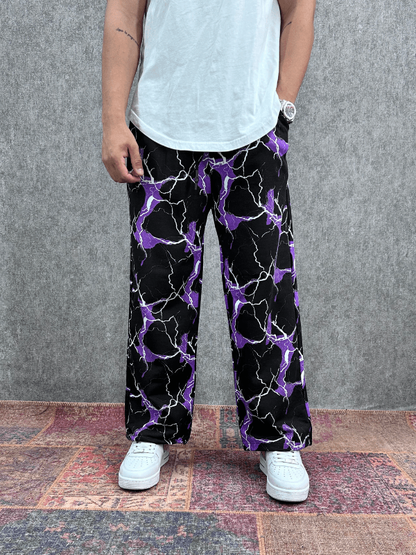 Beli Lastikli Boru Paça Desenli Baggy Pantolon 