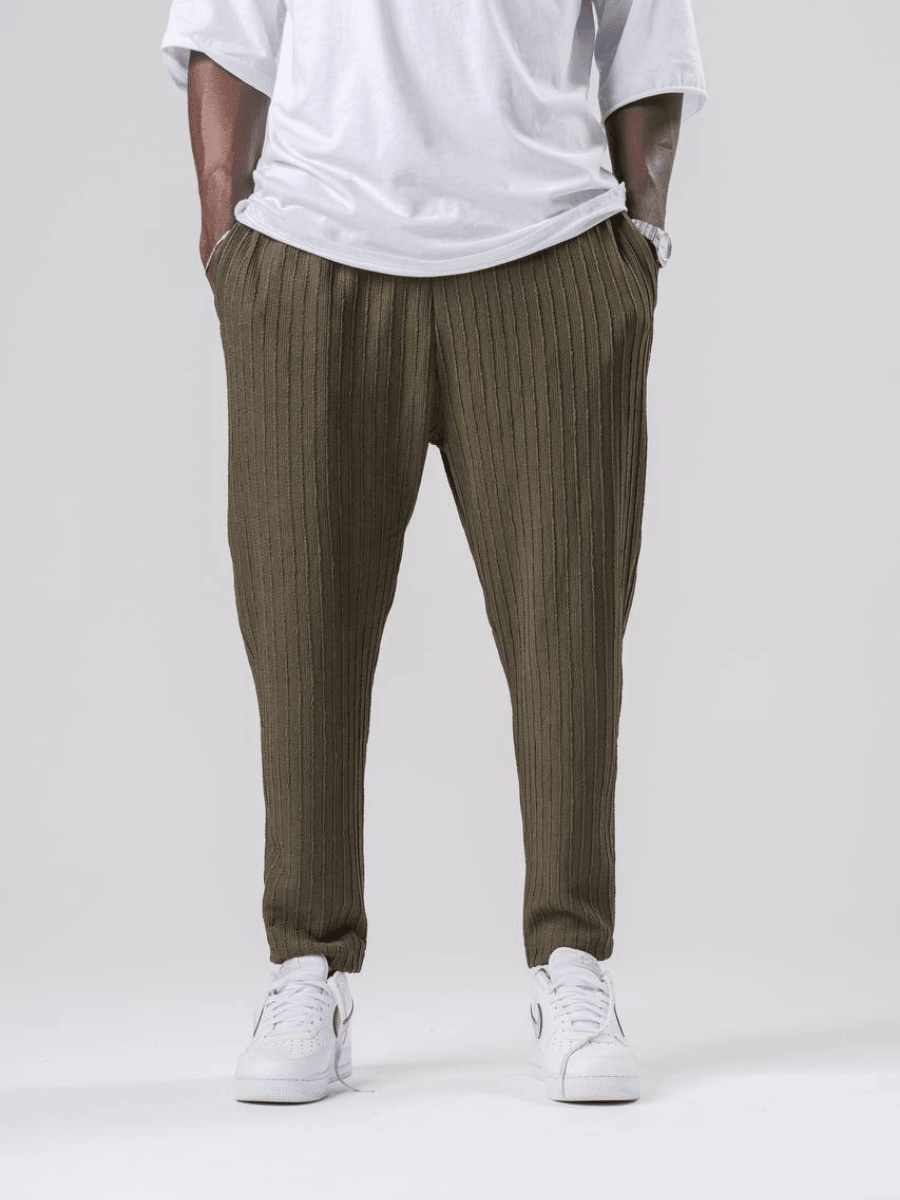 Beli Lastikli Dokulu Bürümcük Kumaş Haki Baggy Pantolon