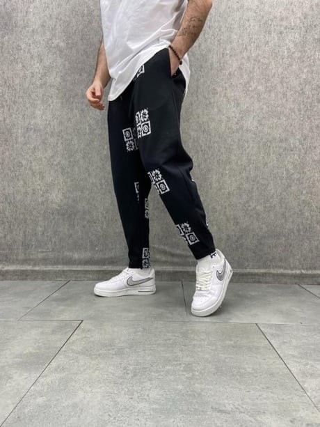 Beli Lastikli Desenli Siyah Baggy Pantolon
