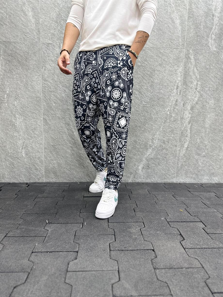 Beli Lastikli Aztek Desenli Baggy Pantolon