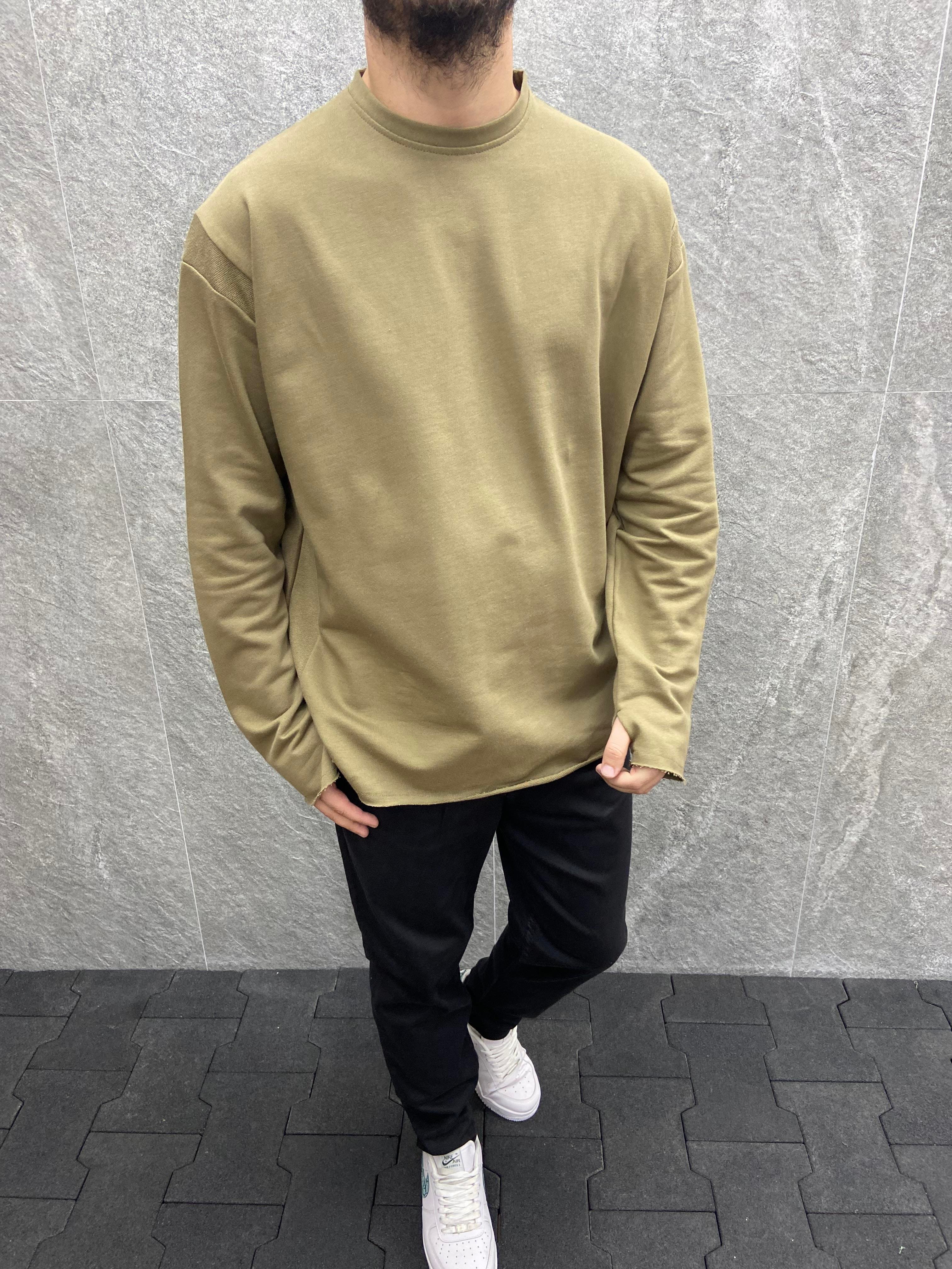 Oversize Parmak Geçmeli Pamuklu Haki Sweatshirt