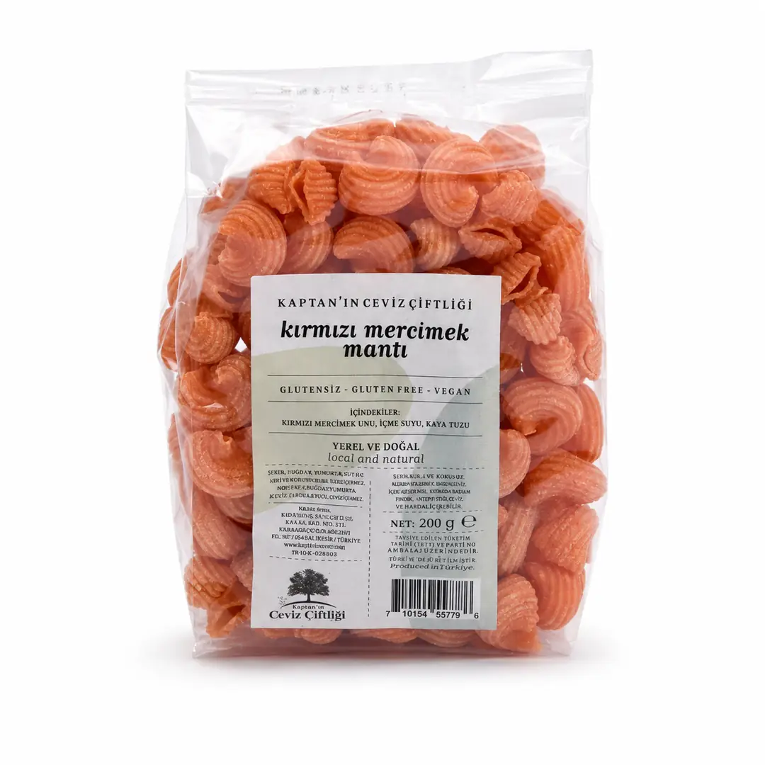 Glütensiz ve Vegan Yerli Kırmızı Mercimek Mantı Pipe Rigate (200 G)