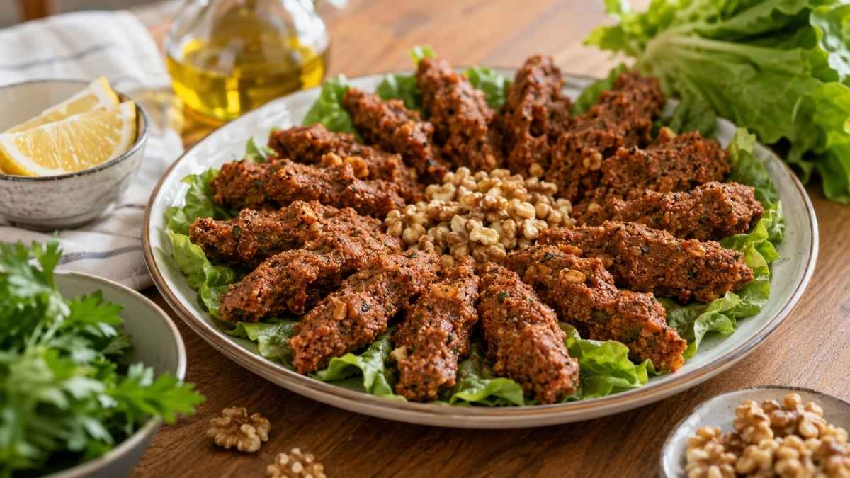 Marul yaprağına sarılmış cevizli köfte, üzeri nar ekşili