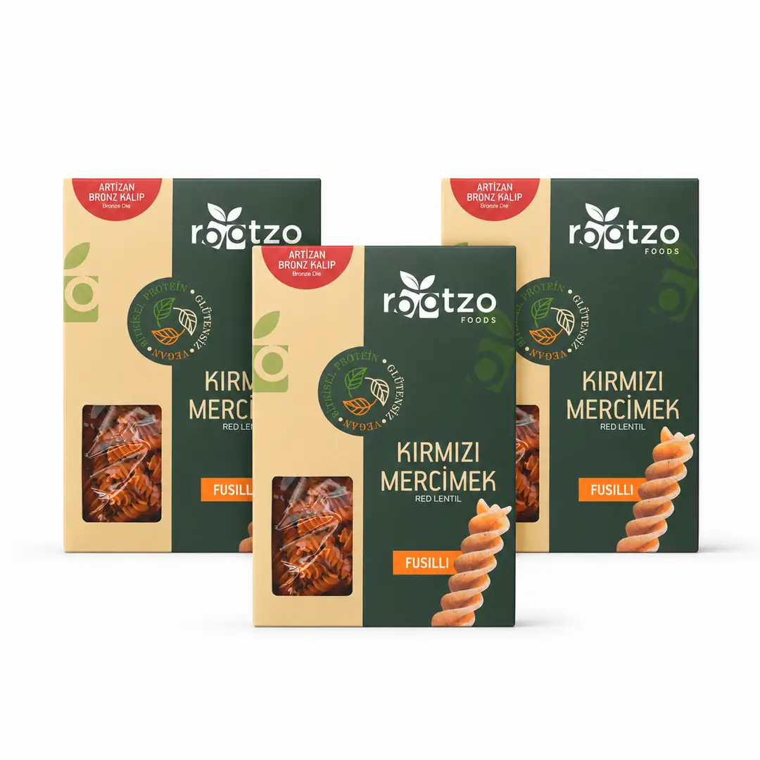 Rootzo Artizan Bronz Kalıp Organik Glütensiz Vegan Kırmızı Mercimek Fusilli 3 Paket x 200 g Avantajlı Paket