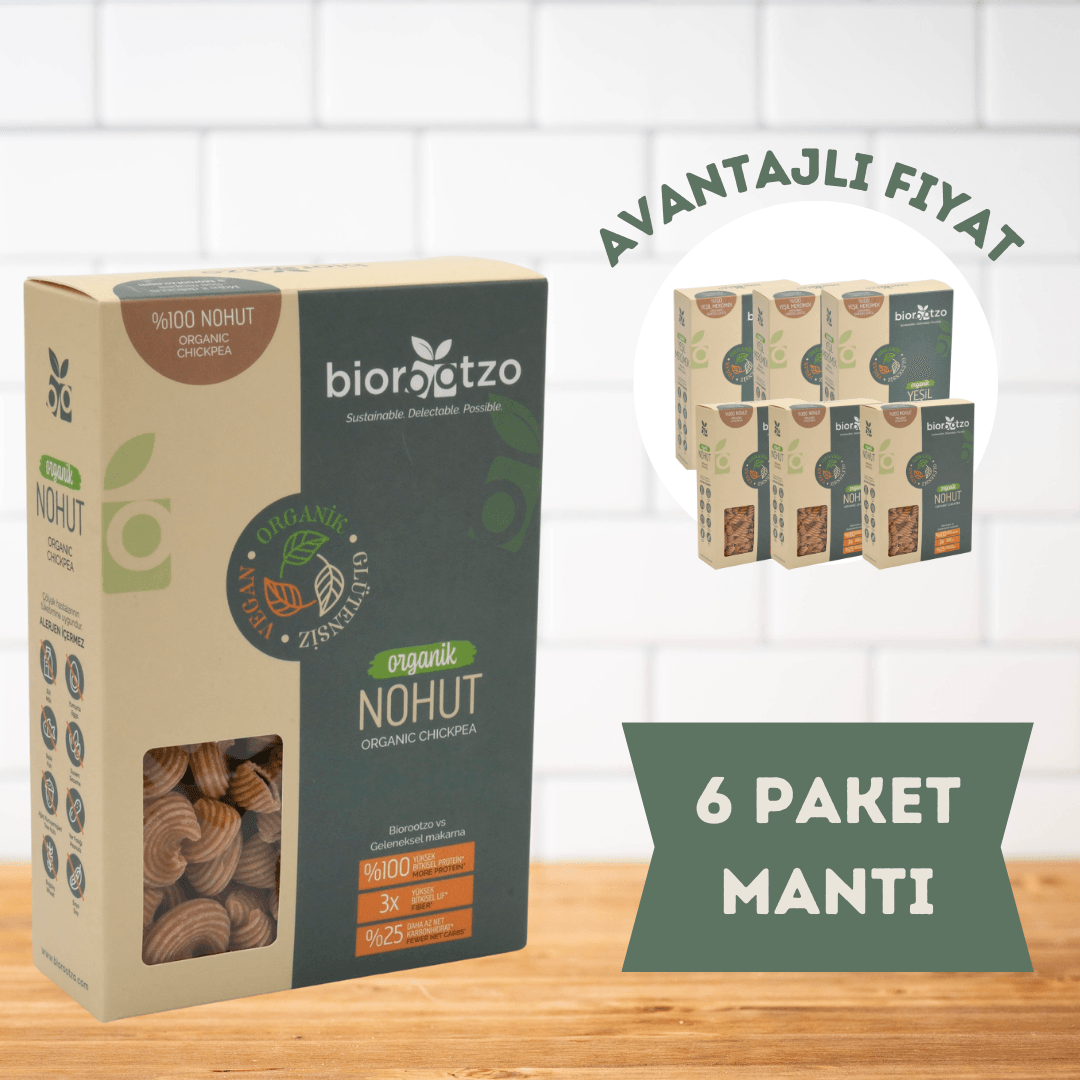 Biorootzo Artizan Bronz Kalıp Organik Glütensiz Vegan Nohut Pipe Rigate Mantı 6 Paket x 200 g Avantajlı Paket
