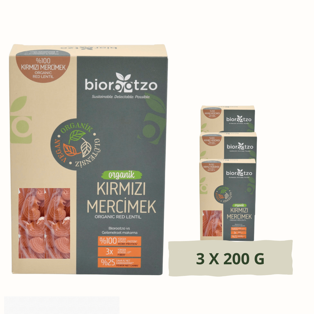 Biorootzo Artizan Bronz Kalıp Organik Glütensiz Vegan Kırmızı Mercimek Pipe Rigate Mantı 3 Paket x 200 g Avantajlı Paket