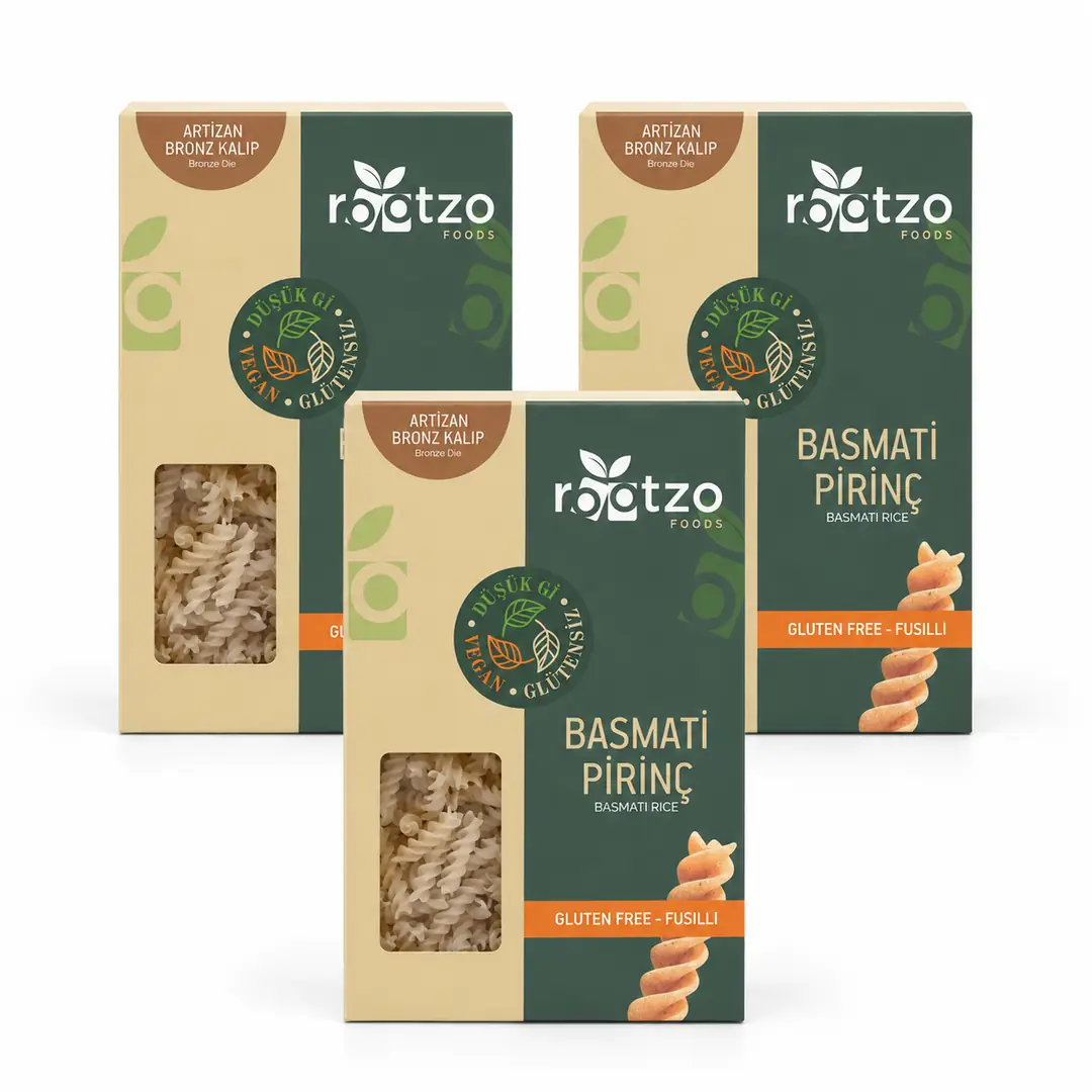 Rootzo Artizan Bronz Kalıp Glütensiz ve Vegan Basmati Pirinç Fusilli 200 g X 3 PAKET