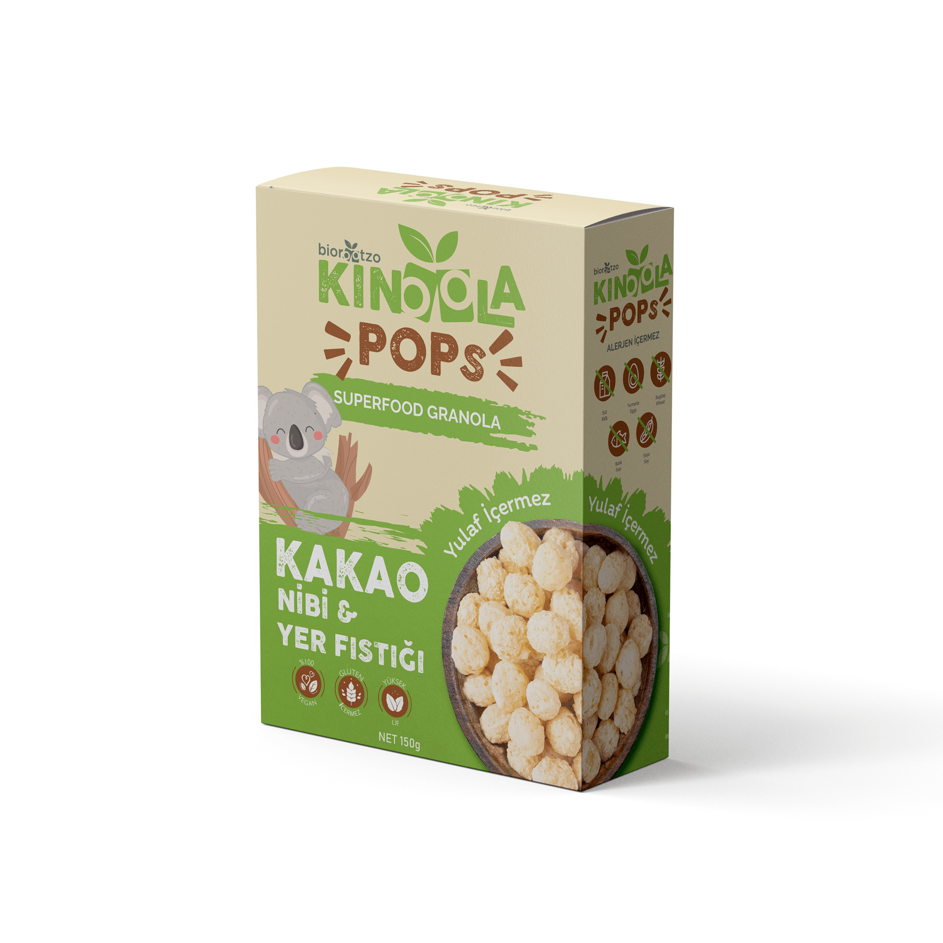 Kinoola Pop Kahvaltılık Gevrek - Kakao Nibi & Yer Fıstığı - Yulaf İçermeyen - Glütensiz Vegan Granola 150 g