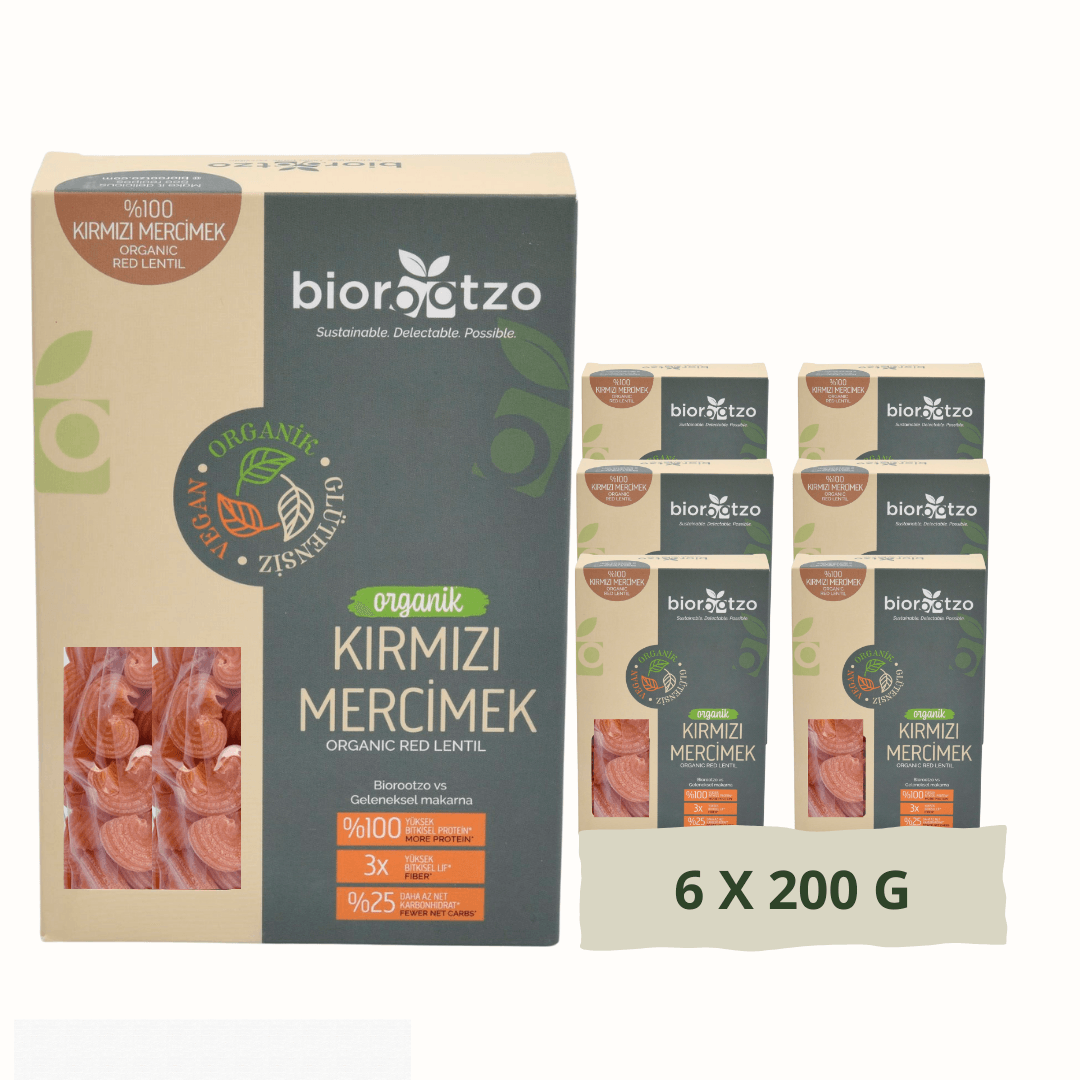 Biorootzo Artizan Bronz Kalıp Organik Glütensiz Vegan Kırmızı Mercimek Pipe Rigate Mantı 6 Paket x 200 g Avantajlı Paket