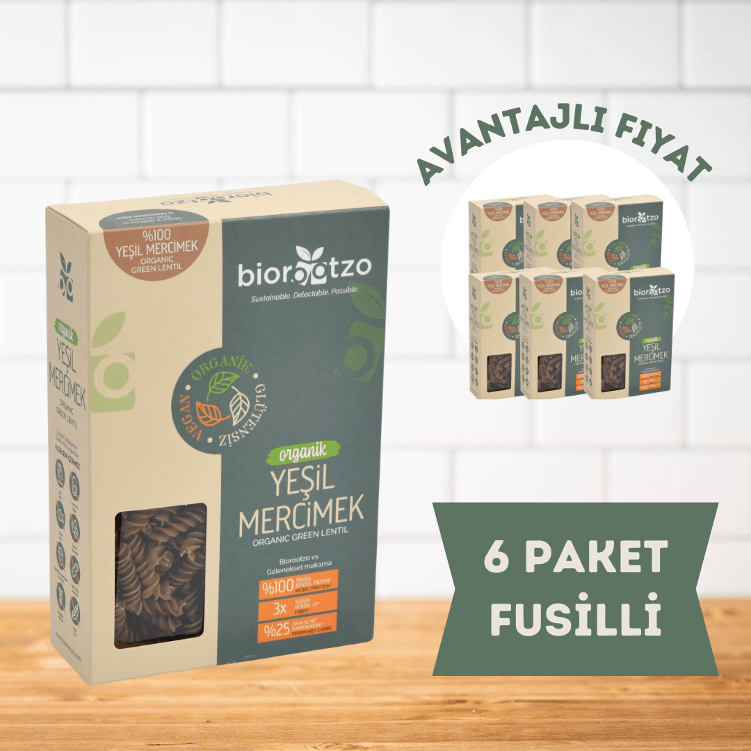 Biorootzo Artizan Bronz Kalıp Organik Glütensiz Vegan Yeşil Mercimek Fusilli Burgu 6 Paket x 200 g Avantajlı Paket