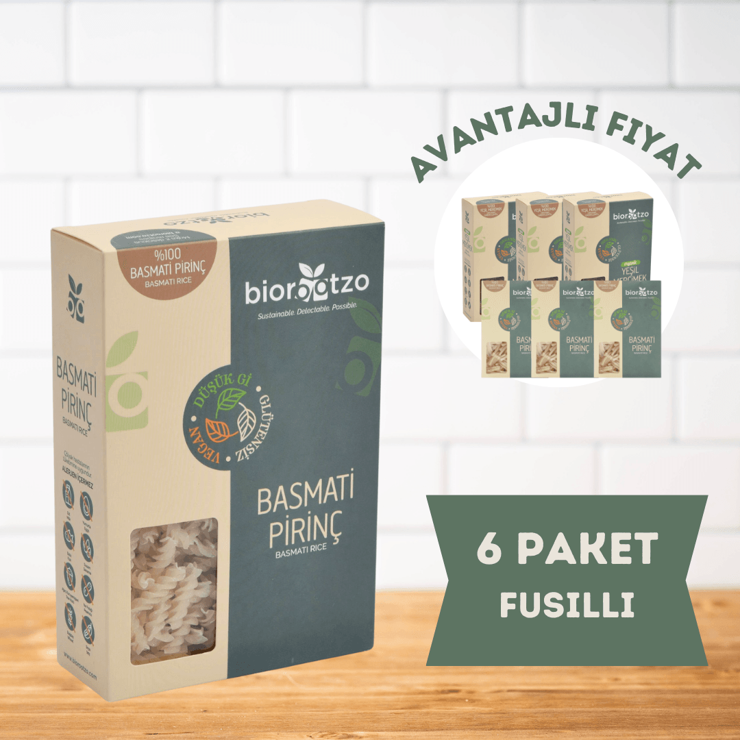 Biorootzo Artizan Bronz Kalıp Glütensiz Vegan Basmati Pirinç Fusilli 6 Paket x 200 g Avantajlı Paket