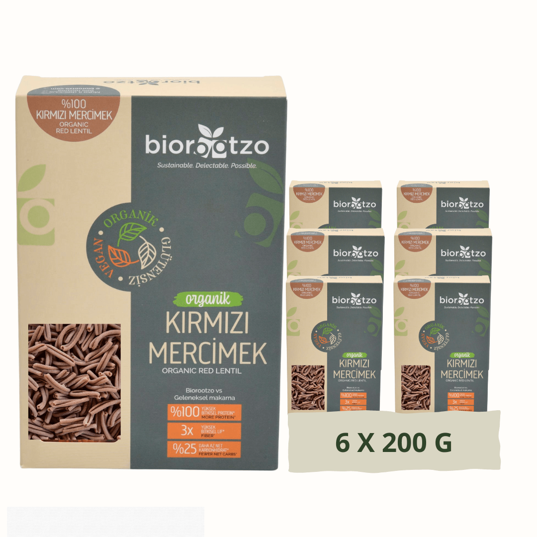Biorootzo Artizan Bronz Kalıp Organik Glütensiz Vegan Kırmızı Mercimek Casarecce 6 Paket x 200 g Avantajlı Paket