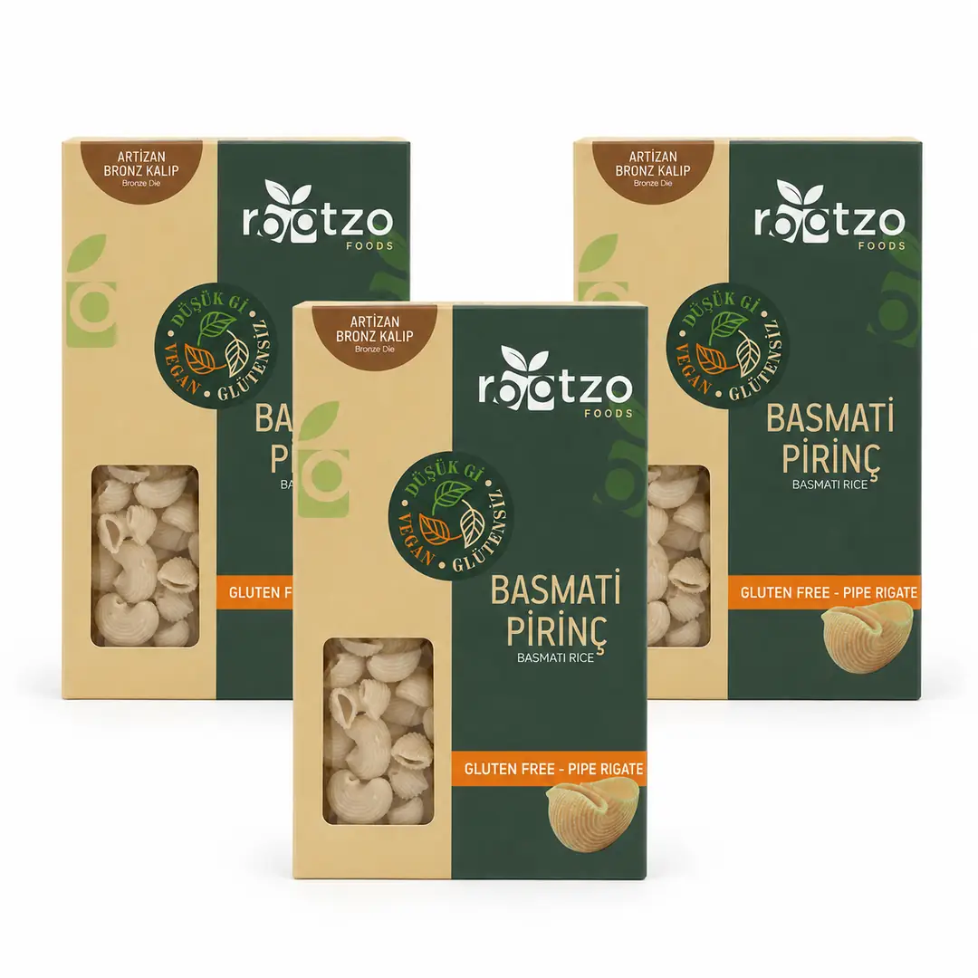 Rootzo Artizan Bronz Kalıp Glütensiz Vegan Basmati Pirinç Pipe Rigate Mantı 3 Paket x 200 g Avantajlı Paket