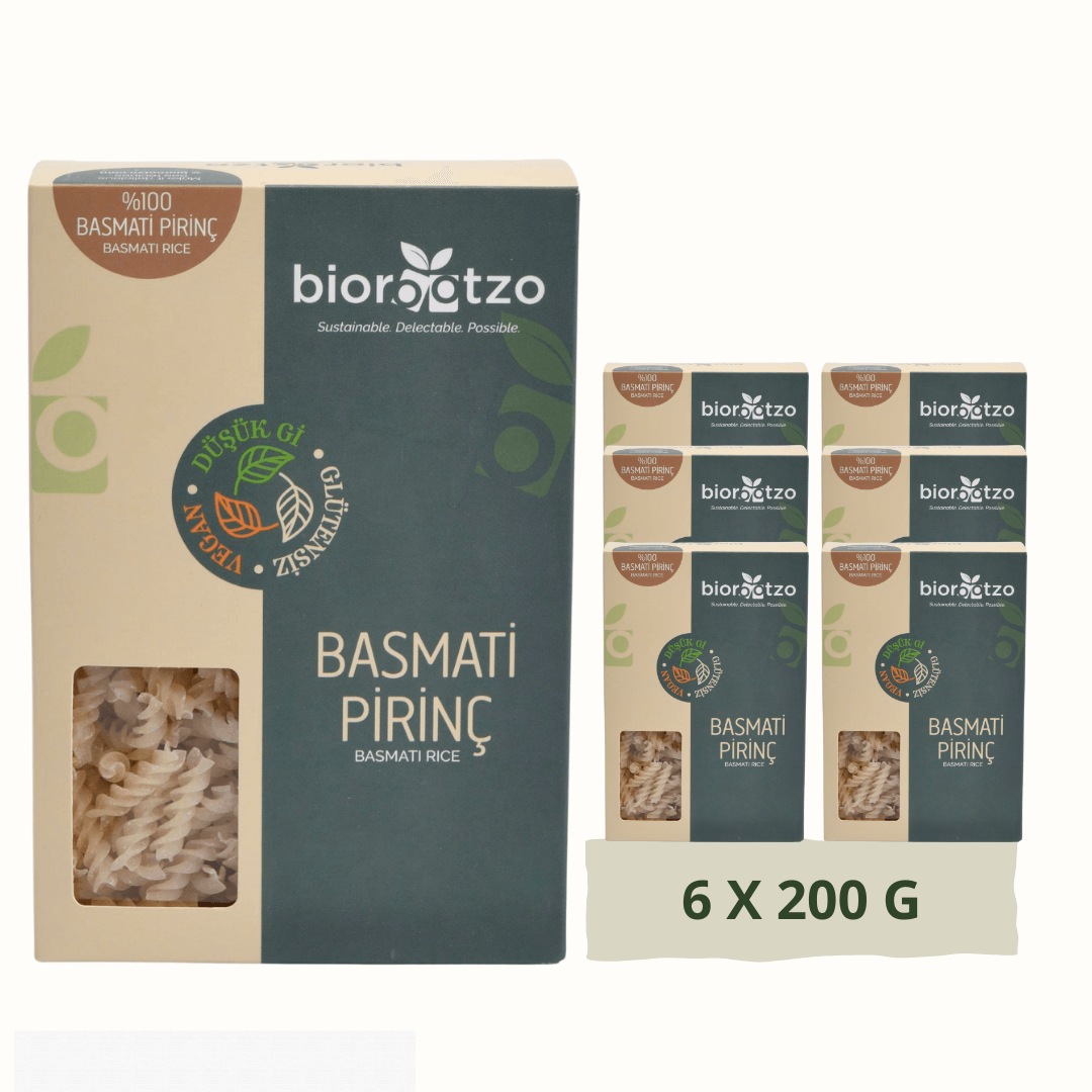 Biorootzo Artizan Bronz Kalıp Glütensiz Vegan Basmati Pirinç Fusilli 6 Paket x 200 g Avantajlı Paket