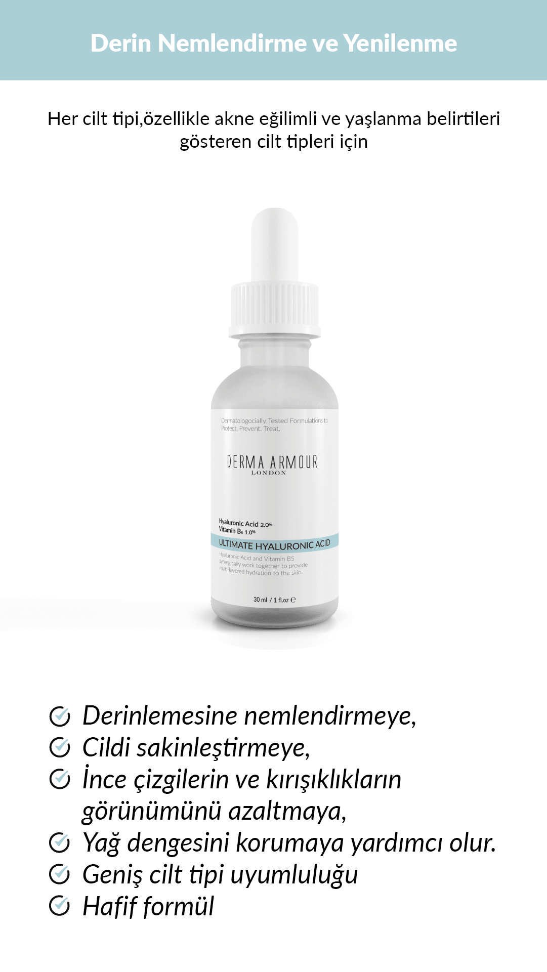 Ultimate Hyaluronic Acid Nemlendirici Ve Hacim Kazandıran Cilt Bakım Serumu ( %2 Hyaluronik Asit Ve %1 B5 Vitamini),30 Ml 