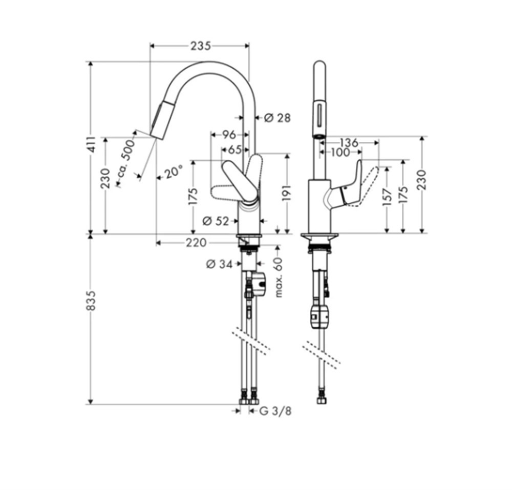Hansgrohe Focus M41 Tek Kollu Eviye Bataryası 240, Çekilebilir El Duşu, 2Jet