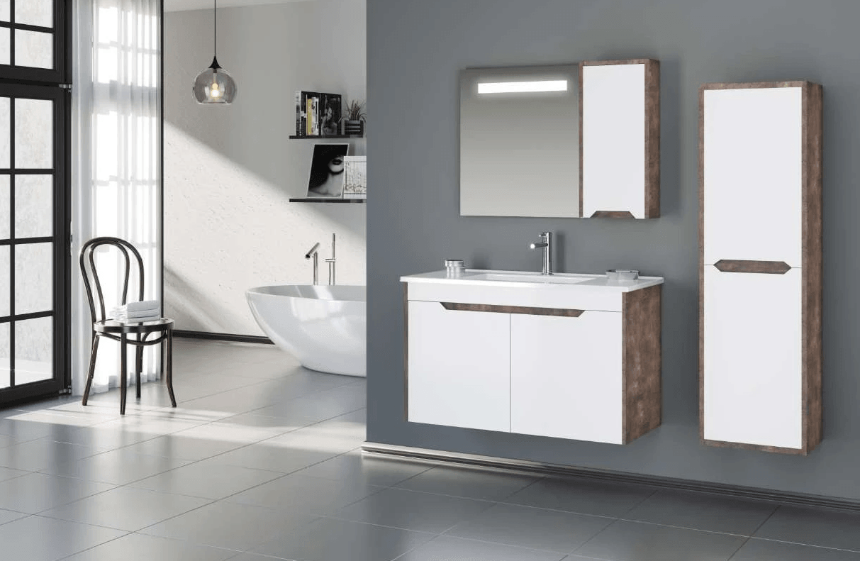 Orka Lago Banyo Dolabı Takımı 75 Cm Kahve Taş-Parlak Beyaz